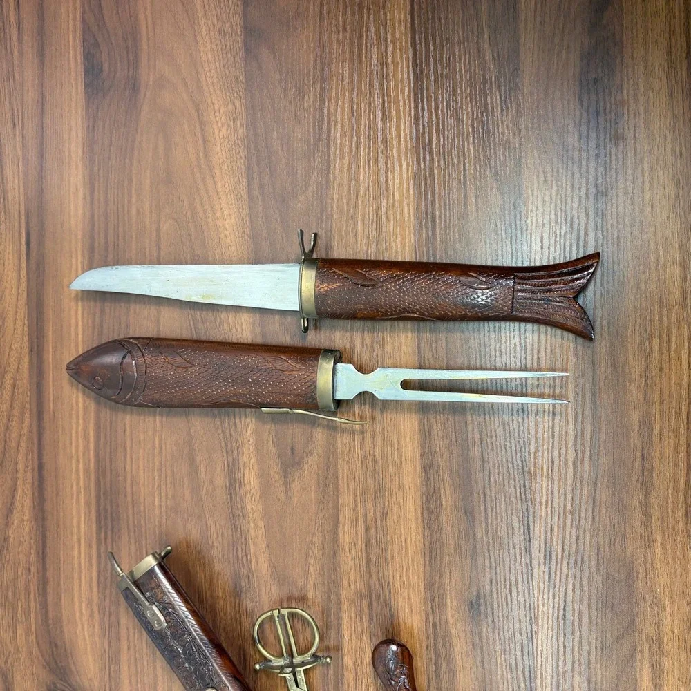 VINTAGE India Hand Carved Wood and Brass Letter Opener Scissors and Knife Set